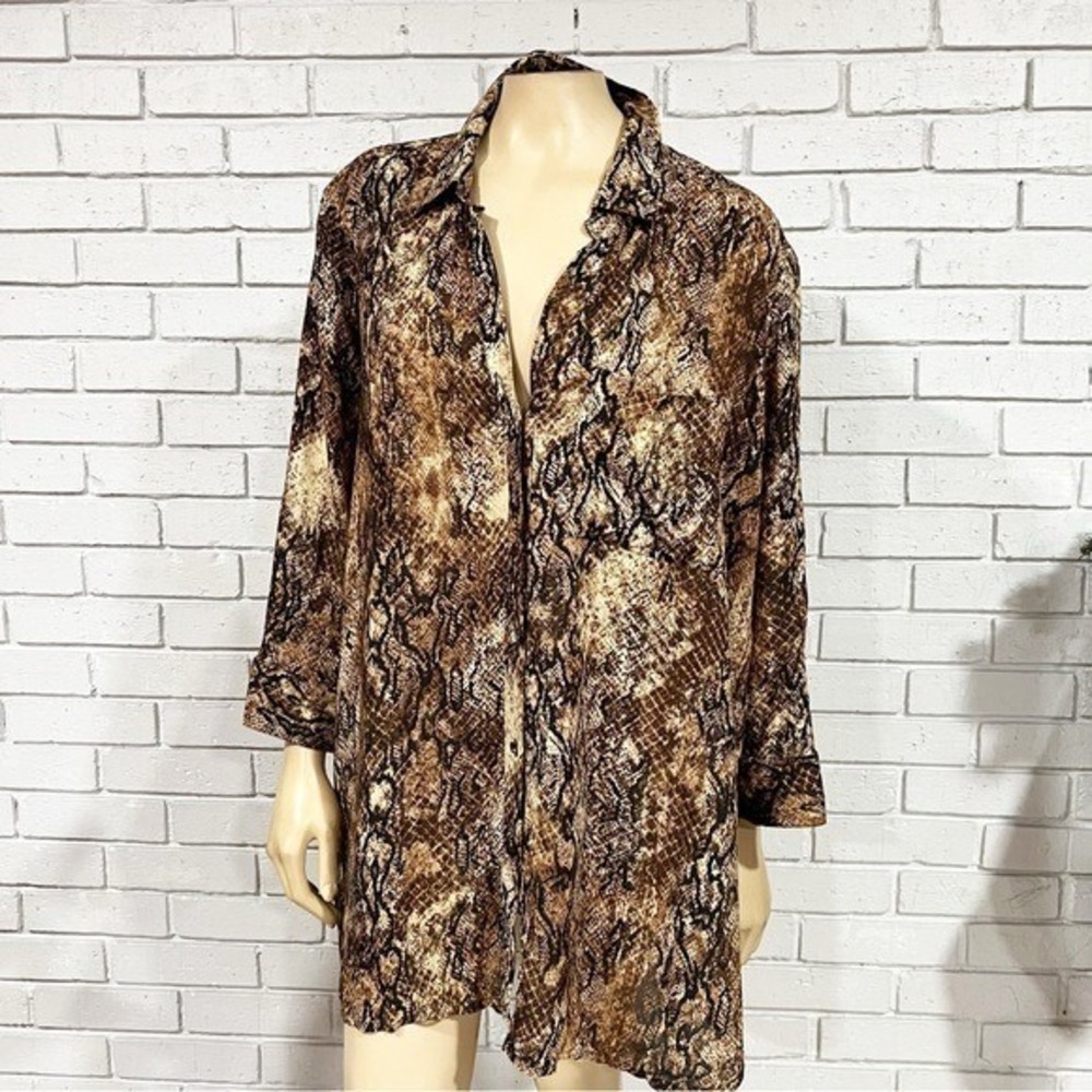 River Island Plus Snakeskin Print Button Down Tunic Blouse Brown Tan Sz 18